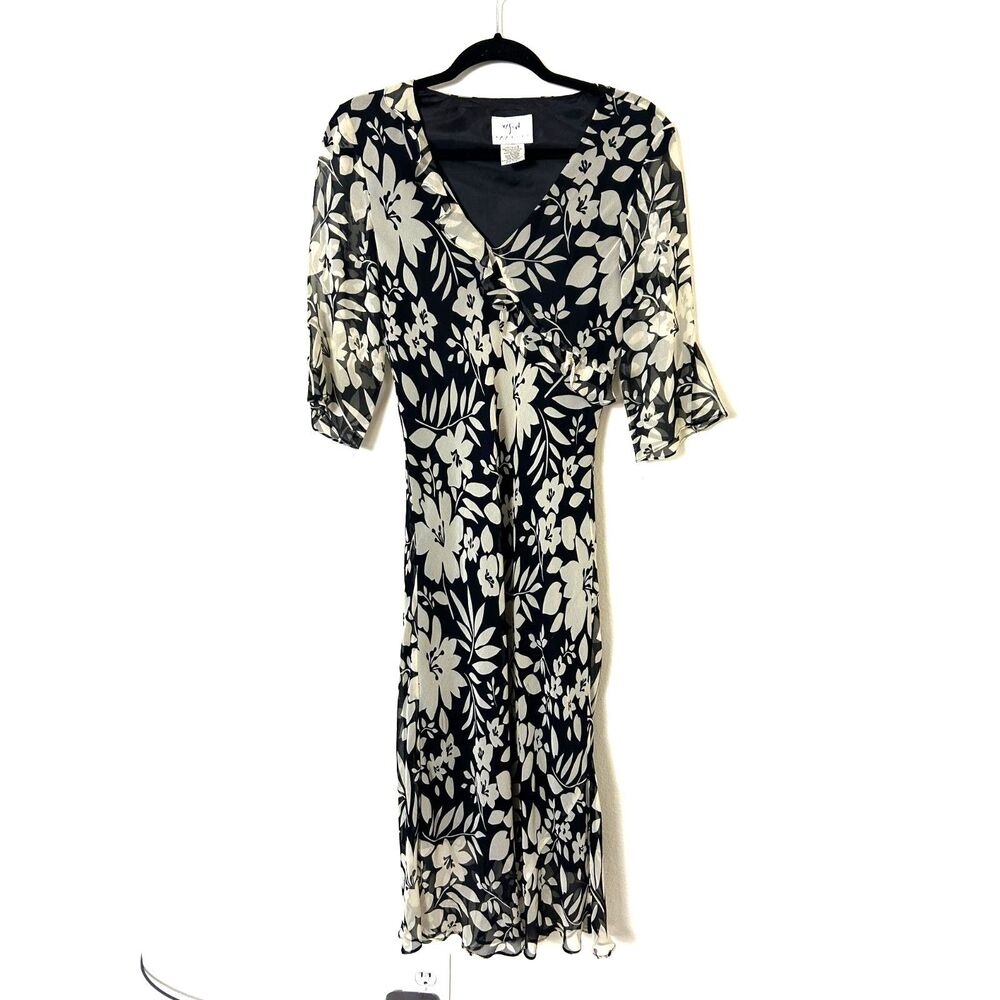 Vintage 90s Vision Apparel Dress Women's 6 Floral, Silk black and white summer‎